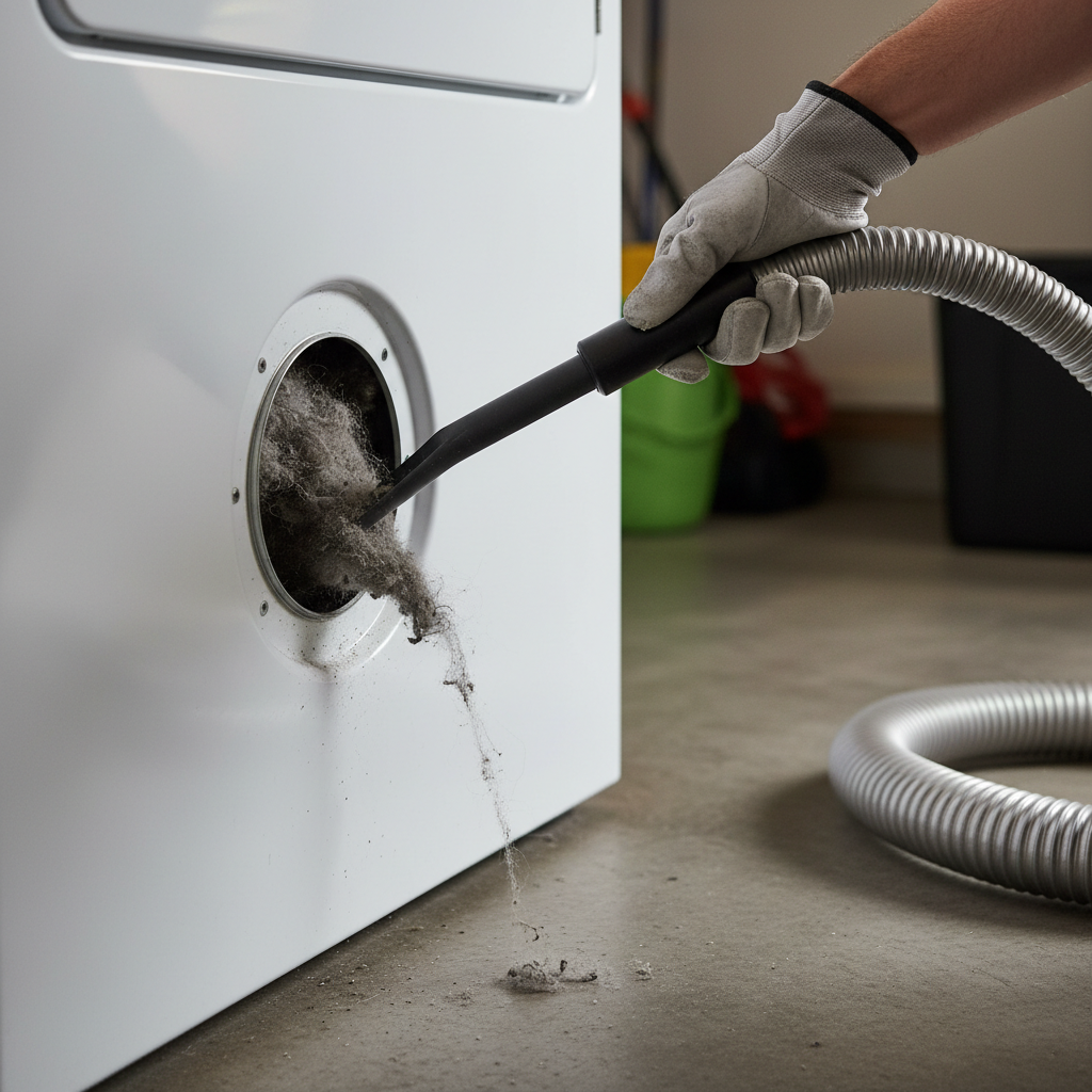 Homeowner cleaning lint from a dryer's exhaust port with a vacuum
