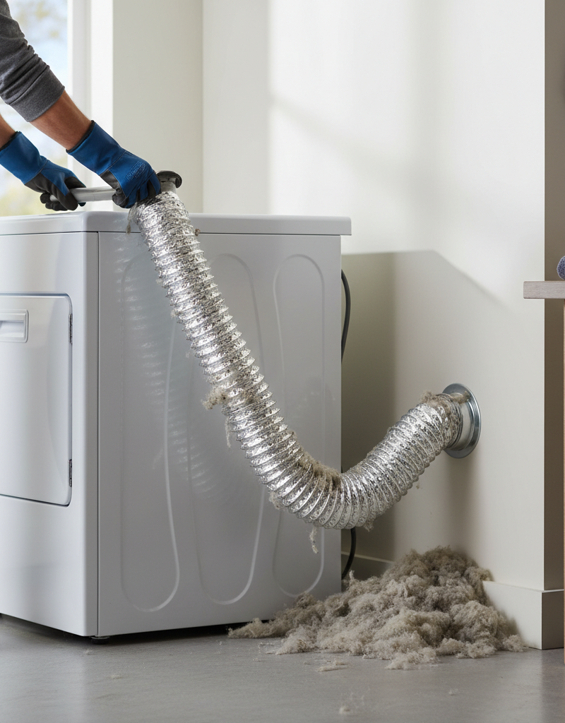 Homeowner inspecting a dryer vent hose for lint buildup in a laundry room