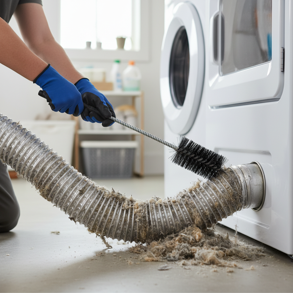 Homeowner cleaning lint from a dryer vent hose with a flexible brush