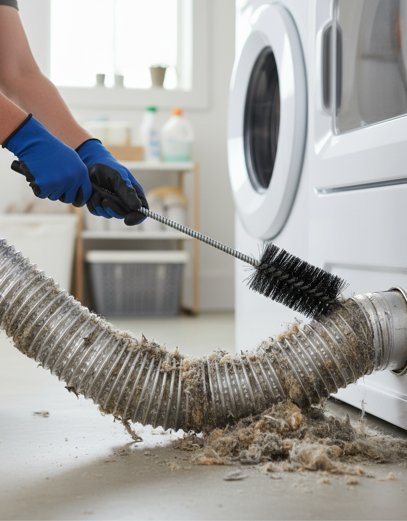 Homeowner cleaning lint from a dryer vent hose with a flexible brush