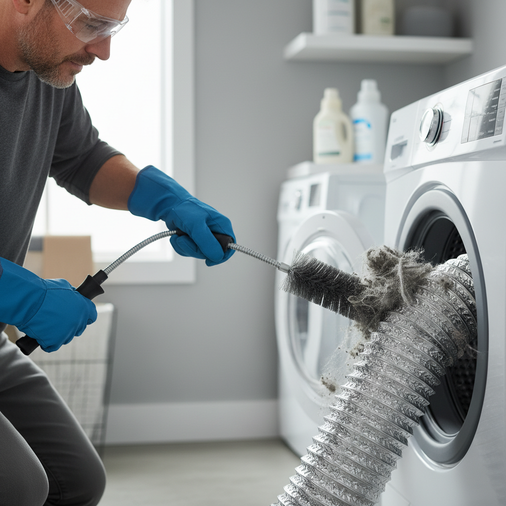 Homeowner cleaning a clogged dryer vent hose with a brush, showing lint removal for improved drying.