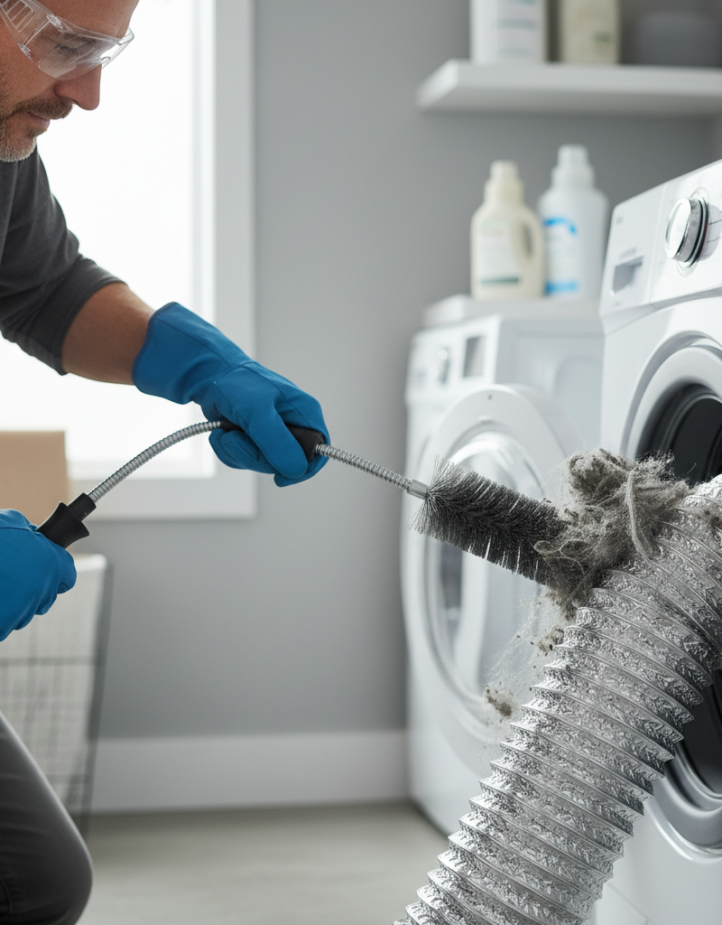 Homeowner cleaning a clogged dryer vent hose with a brush, showing lint removal for improved drying.