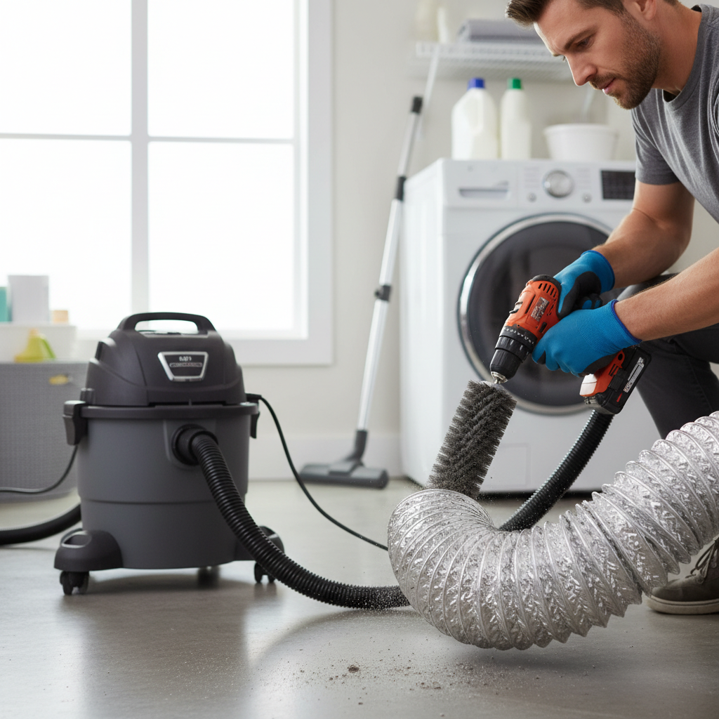 Homeowner cleaning a flexible dryer vent hose with a brush and vacuum to remove lint.