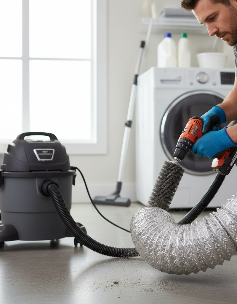 Homeowner cleaning a flexible dryer vent hose with a brush and vacuum to remove lint.
