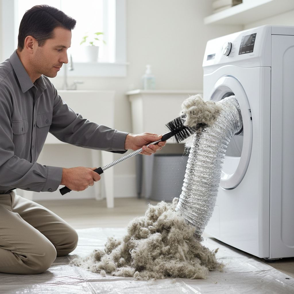 Homeowner cleaning a clogged dryer vent with a long brush, removing lint.
