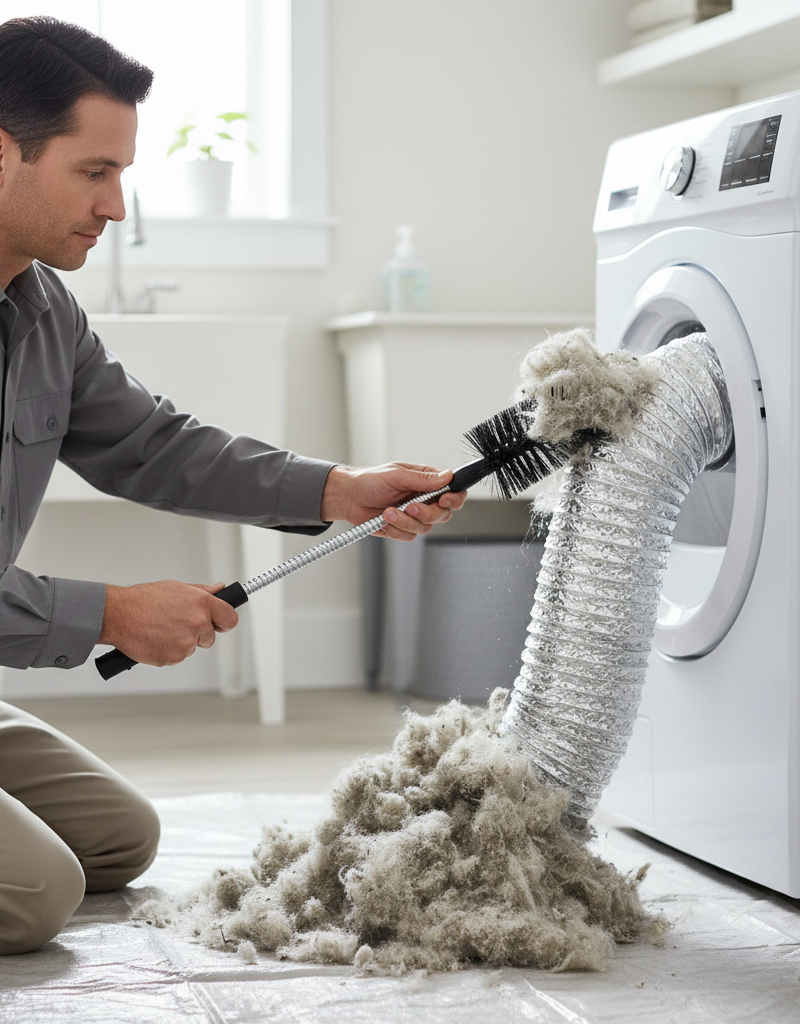 Homeowner cleaning a clogged dryer vent with a long brush, removing lint.