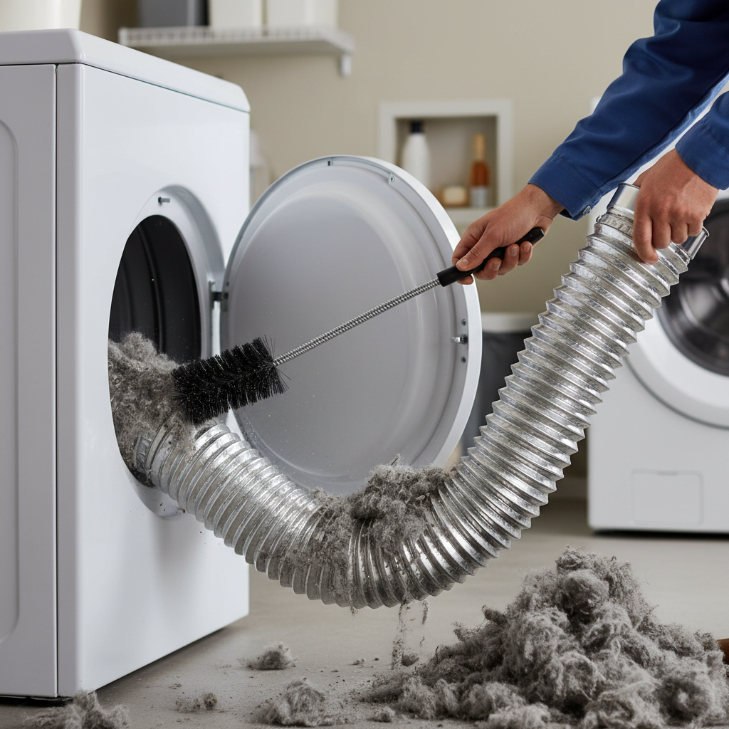 Homeowner cleaning lint from a flexible metal dryer vent hose with a brush.