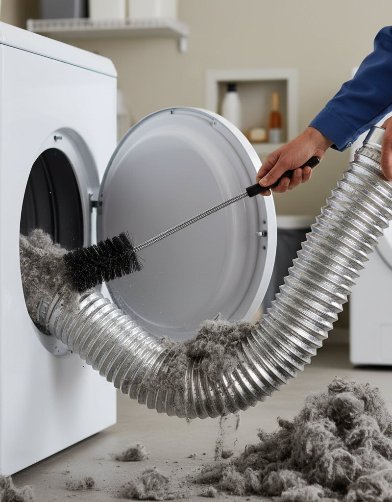 Homeowner cleaning lint from a flexible metal dryer vent hose with a brush.