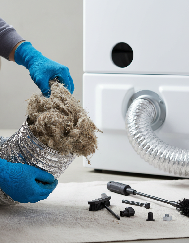 Homeowner removing lint from a dryer vent hose with a cleaning brush