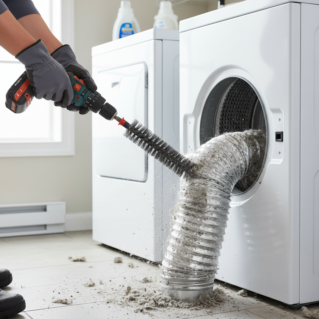 Homeowner cleaning a clogged dryer vent with a brush kit