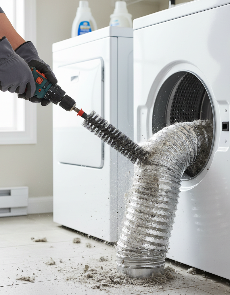 Homeowner cleaning a clogged dryer vent with a brush kit