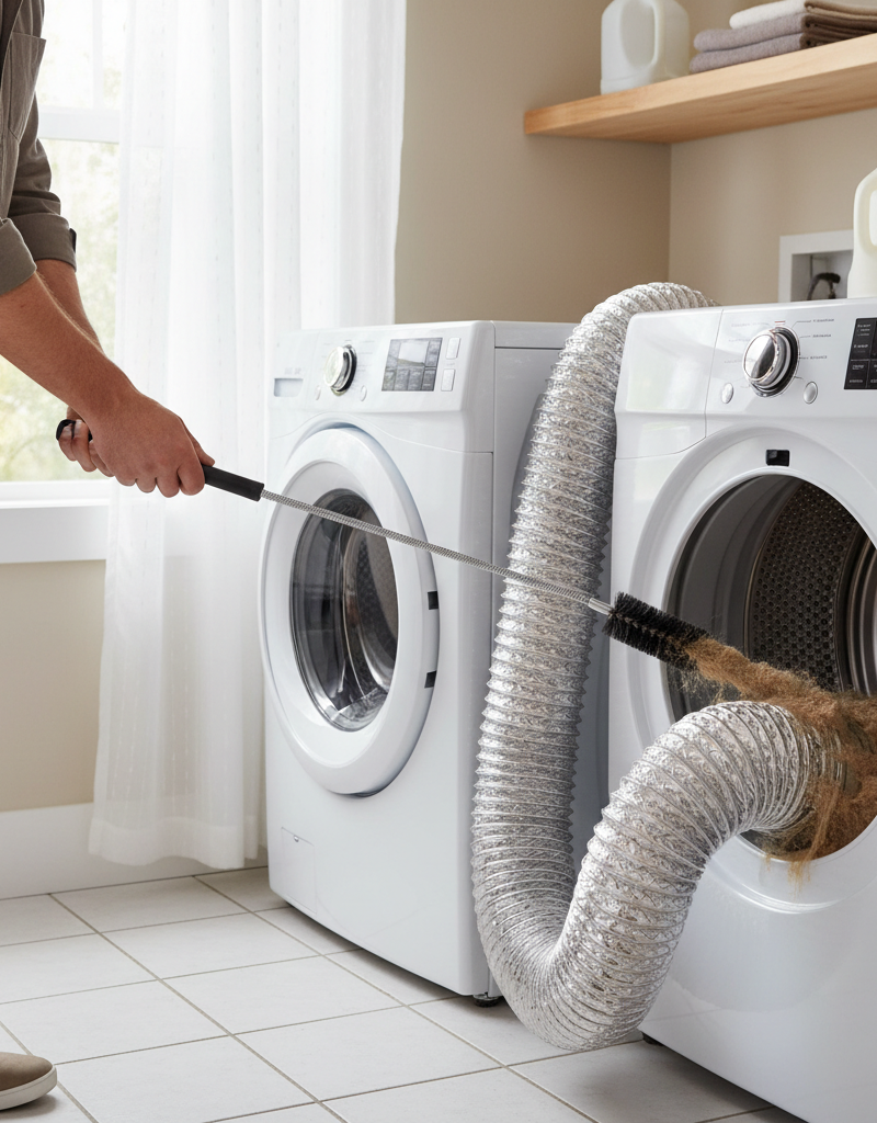 Homeowner cleaning a clogged dryer vent hose with a specialized brush