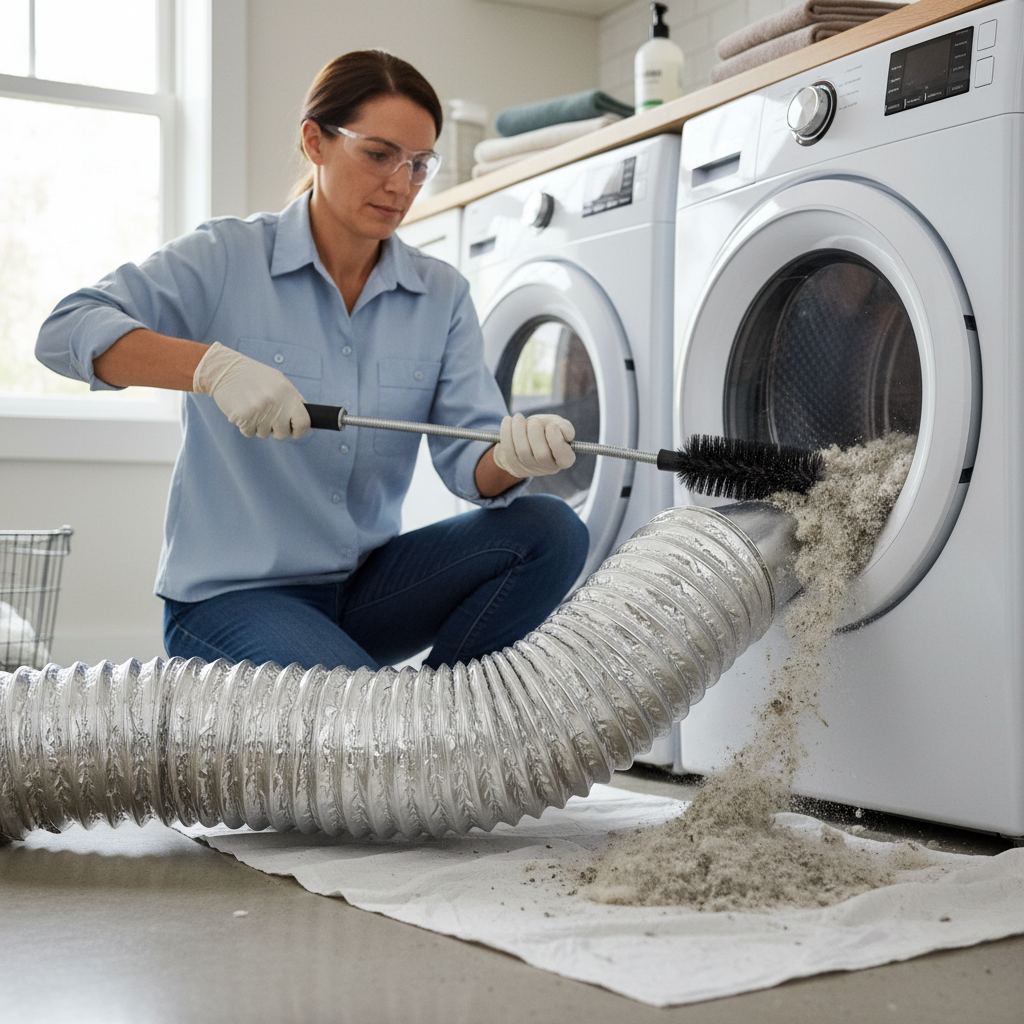 Homeowner using a long brush to clean lint from a dryer vent duct behind the dryer.