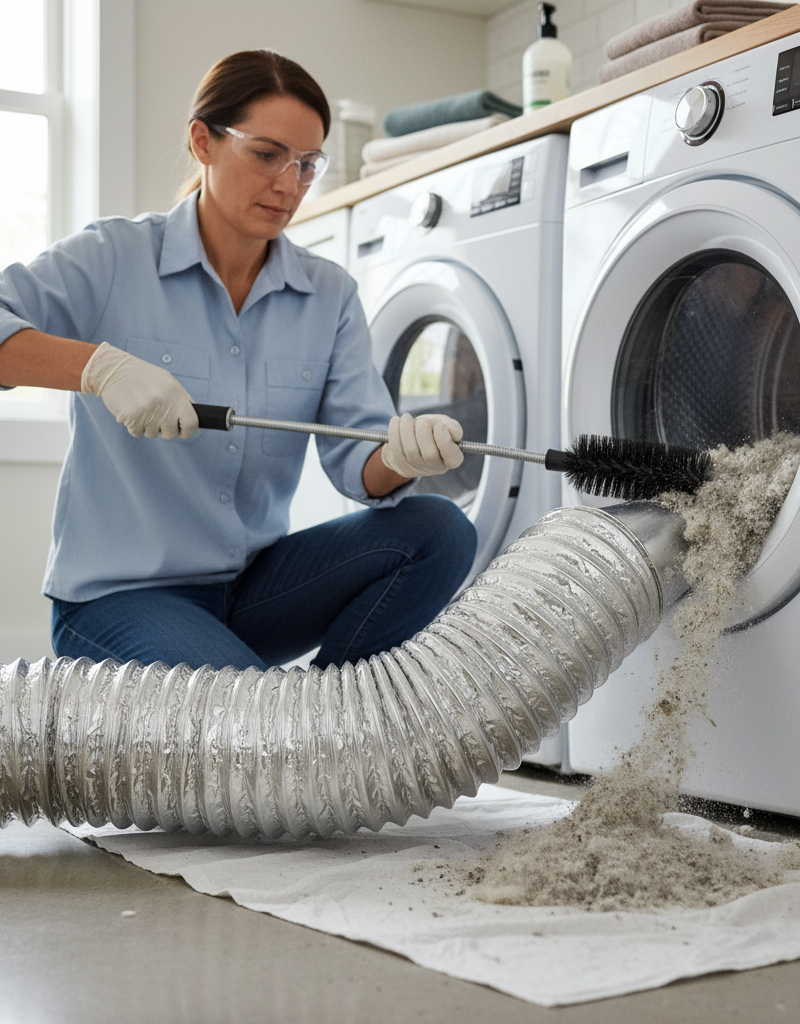 Homeowner using a long brush to clean lint from a dryer vent duct behind the dryer.