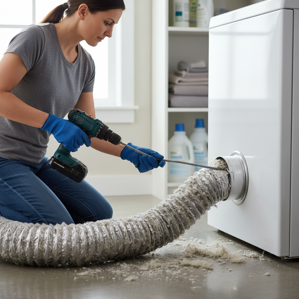 Homeowner cleaning a clogged dryer vent behind a white dryer with a specialized brush.