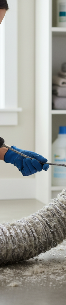 Homeowner cleaning a clogged dryer vent behind a white dryer with a specialized brush.