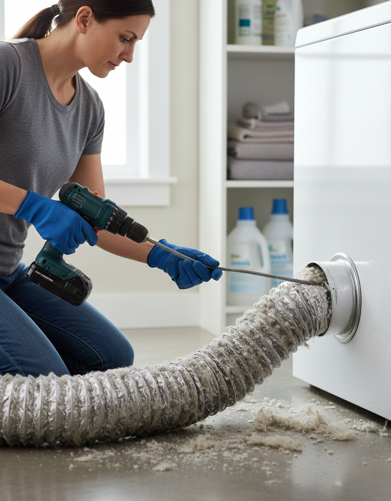 Homeowner cleaning a clogged dryer vent behind a white dryer with a specialized brush.