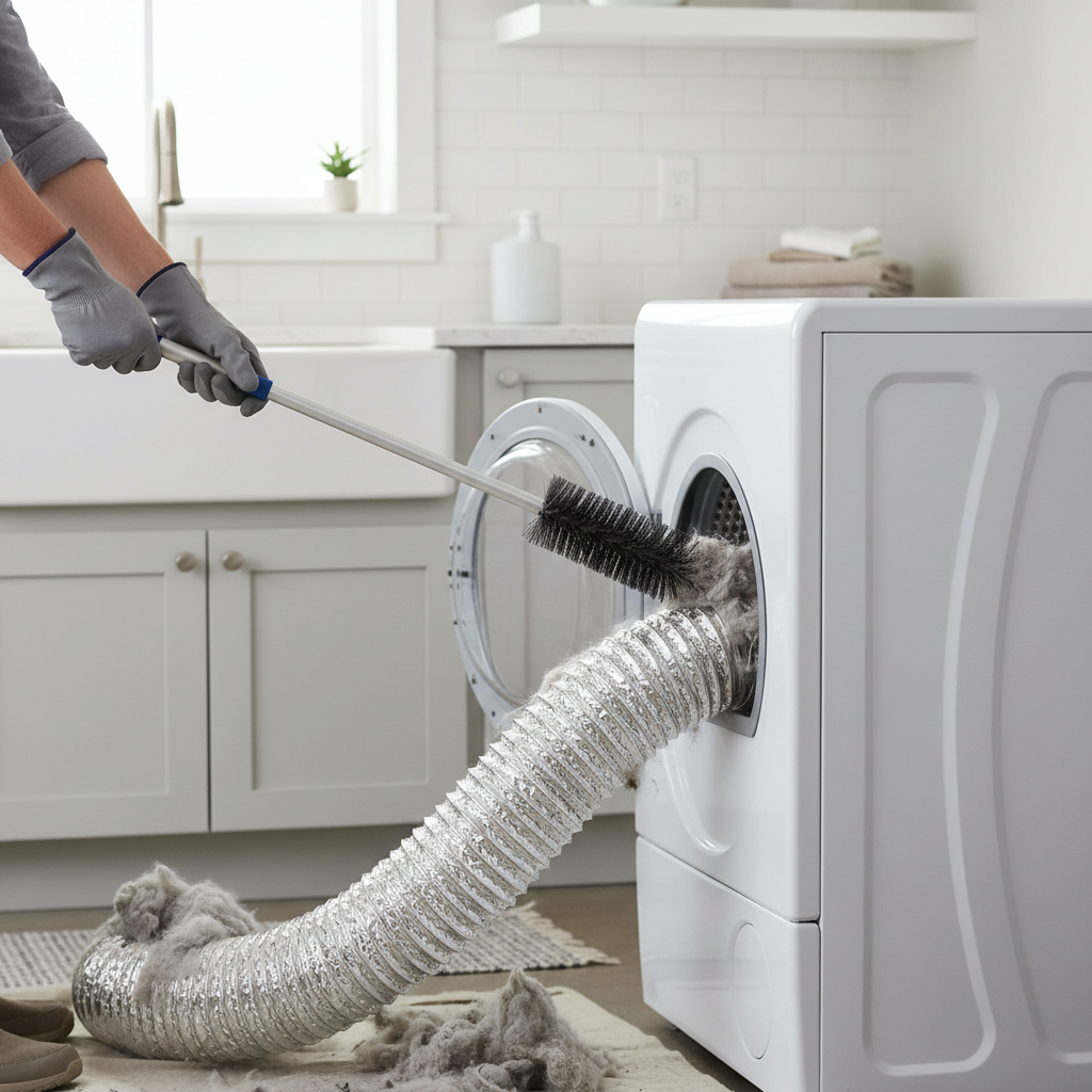 Homeowner cleaning a dryer vent hose with a brush to improve drying time
