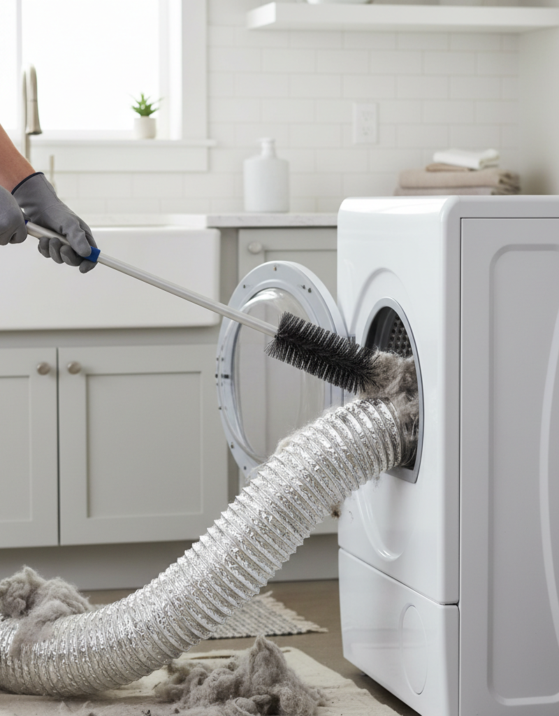 Homeowner cleaning a dryer vent hose with a brush to improve drying time