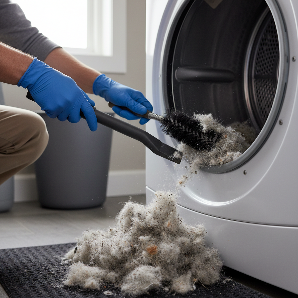 Homeowner deep cleaning dryer lint trap housing with vacuum and specialized brush