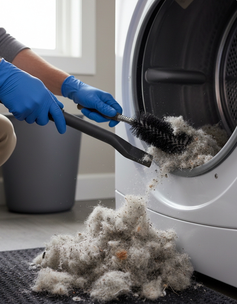 Homeowner deep cleaning dryer lint trap housing with vacuum and specialized brush