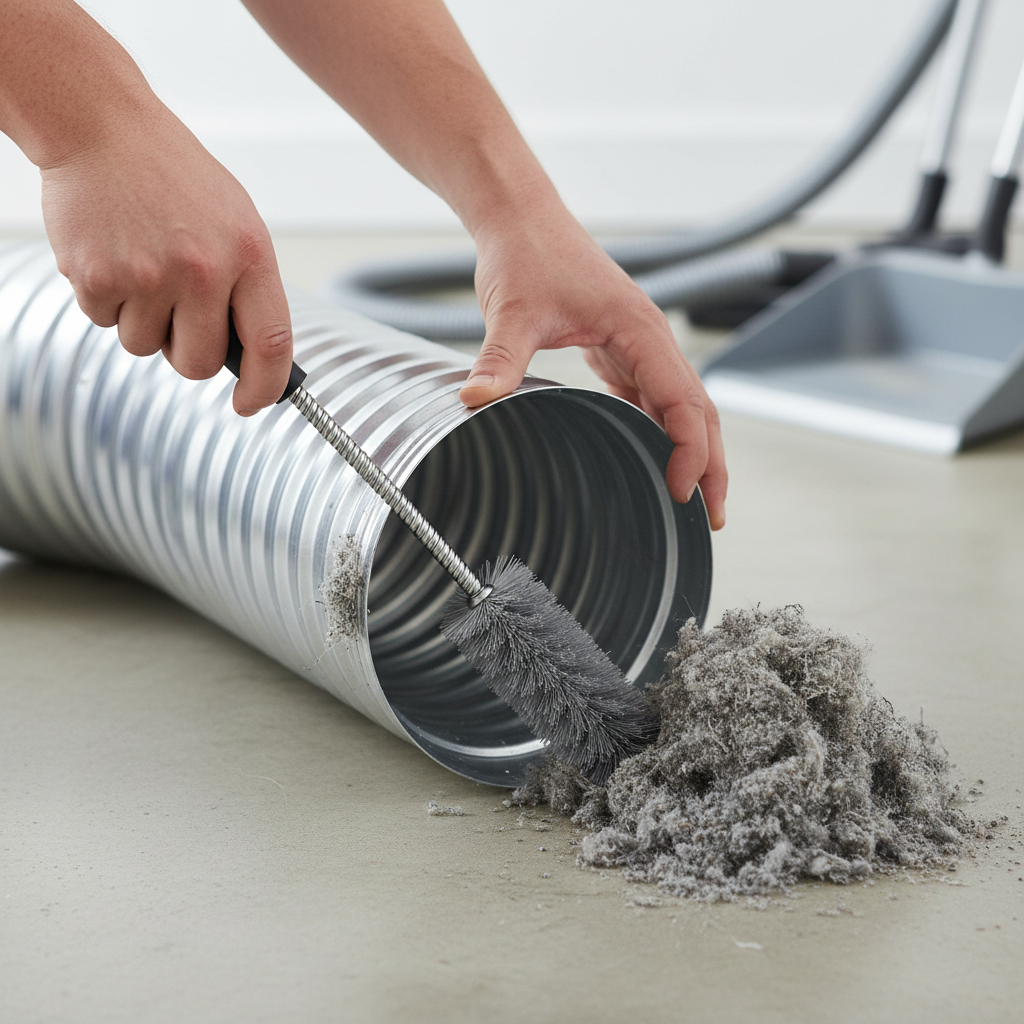 Homeowner's hands cleaning a dryer vent duct with a specialized brush kit, showing removed lint