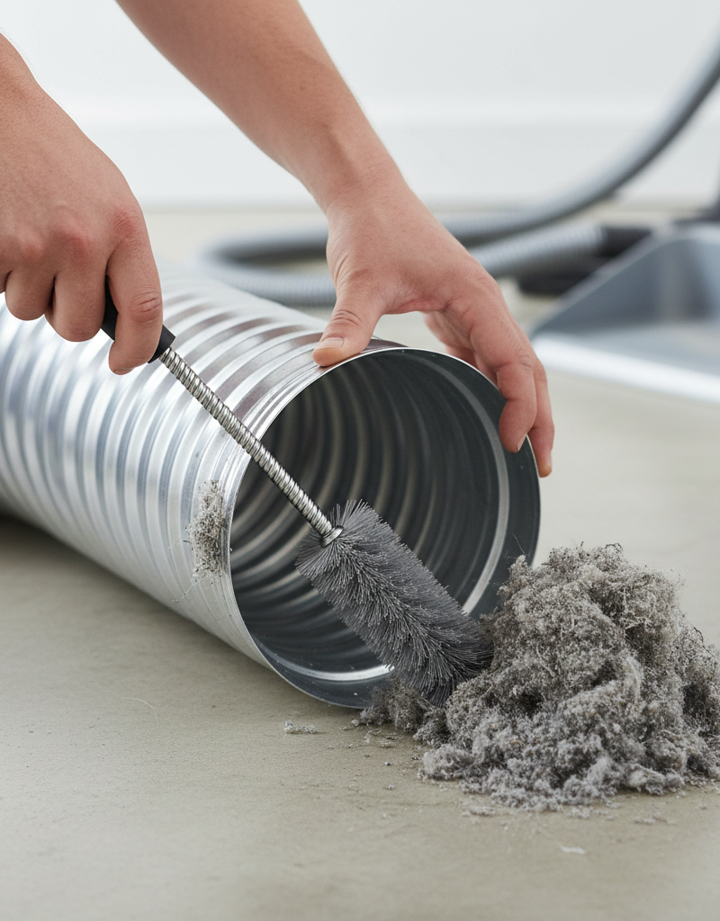 Homeowner's hands cleaning a dryer vent duct with a specialized brush kit, showing removed lint