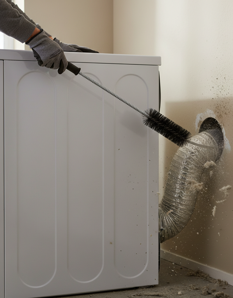 Homeowner cleaning a dryer vent with a brush kit, preventing fires.