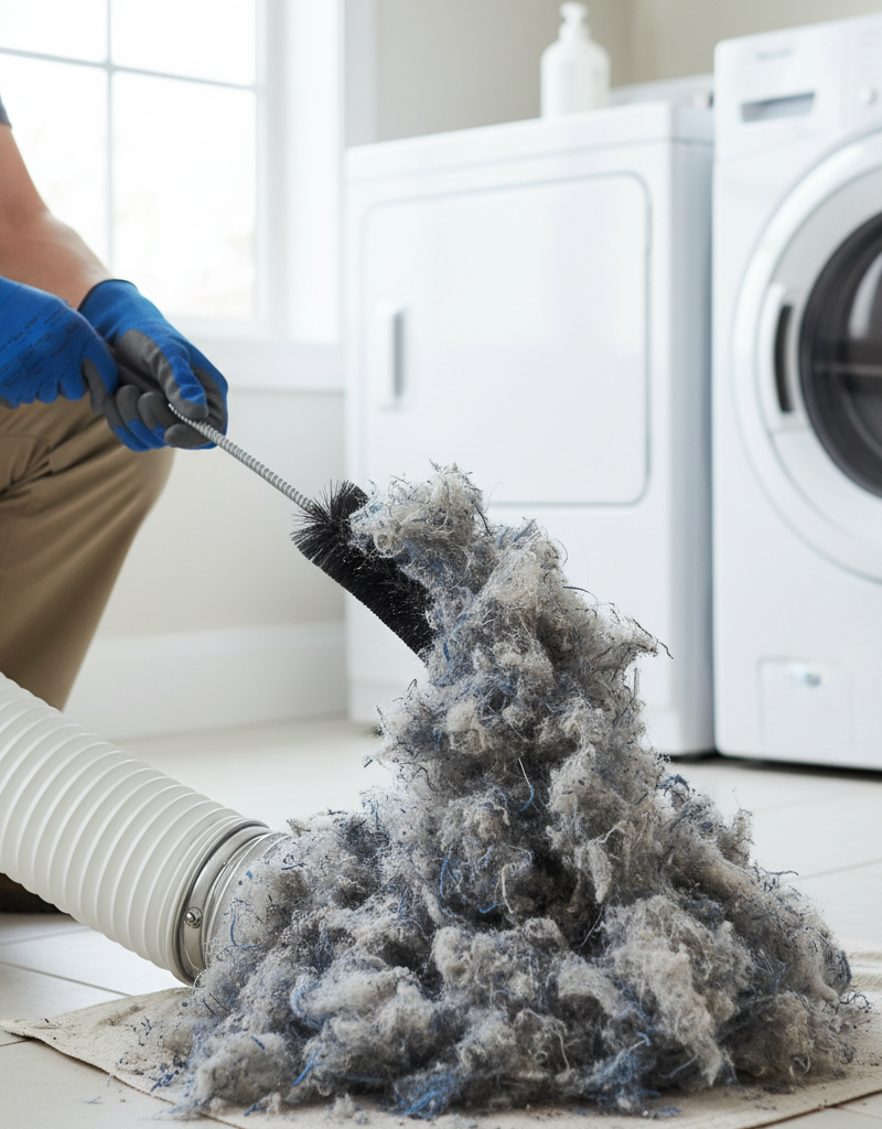 Homeowner cleaning a lint-clogged dryer vent with a brush kit to prevent house fires and improve dryer efficiency.