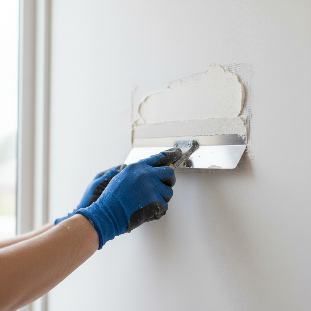 Homeowner applying joint compound with a wide taping knife to a small, recently patched drywall hole.