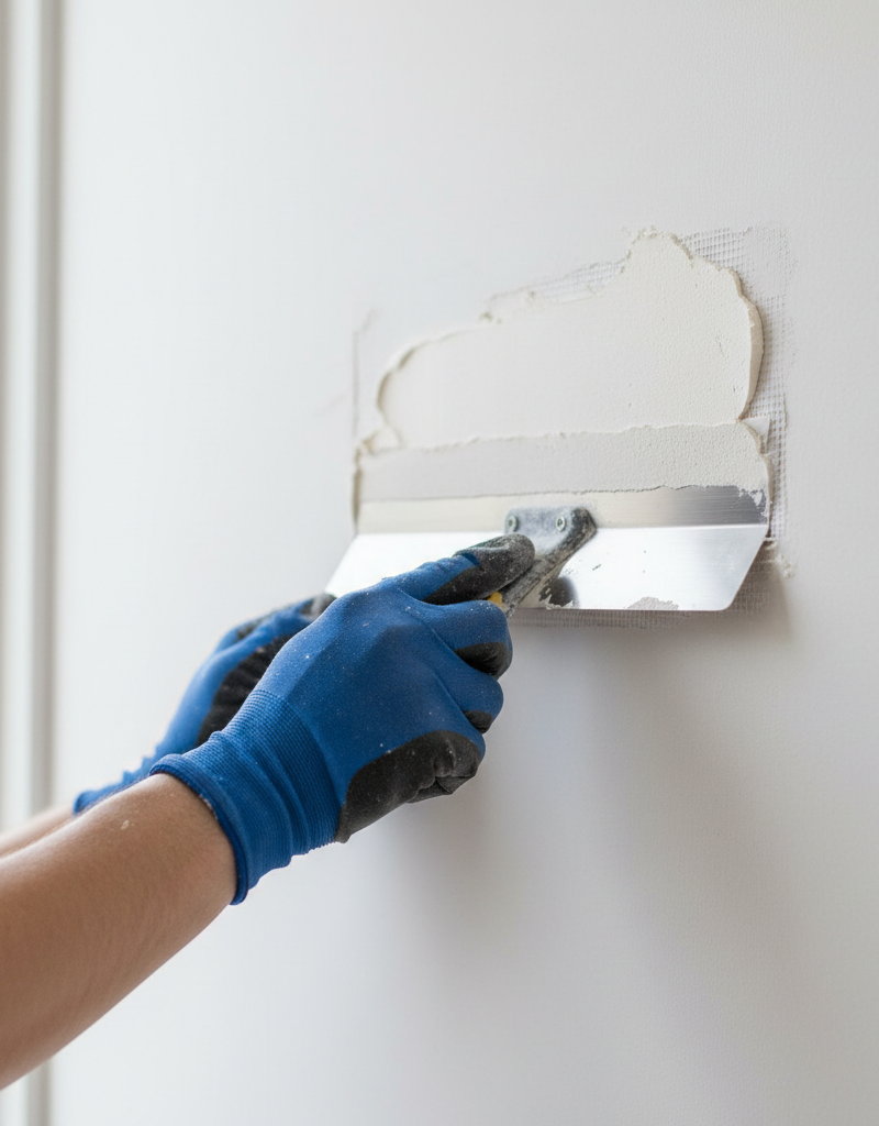 Homeowner applying joint compound with a wide taping knife to a small, recently patched drywall hole.