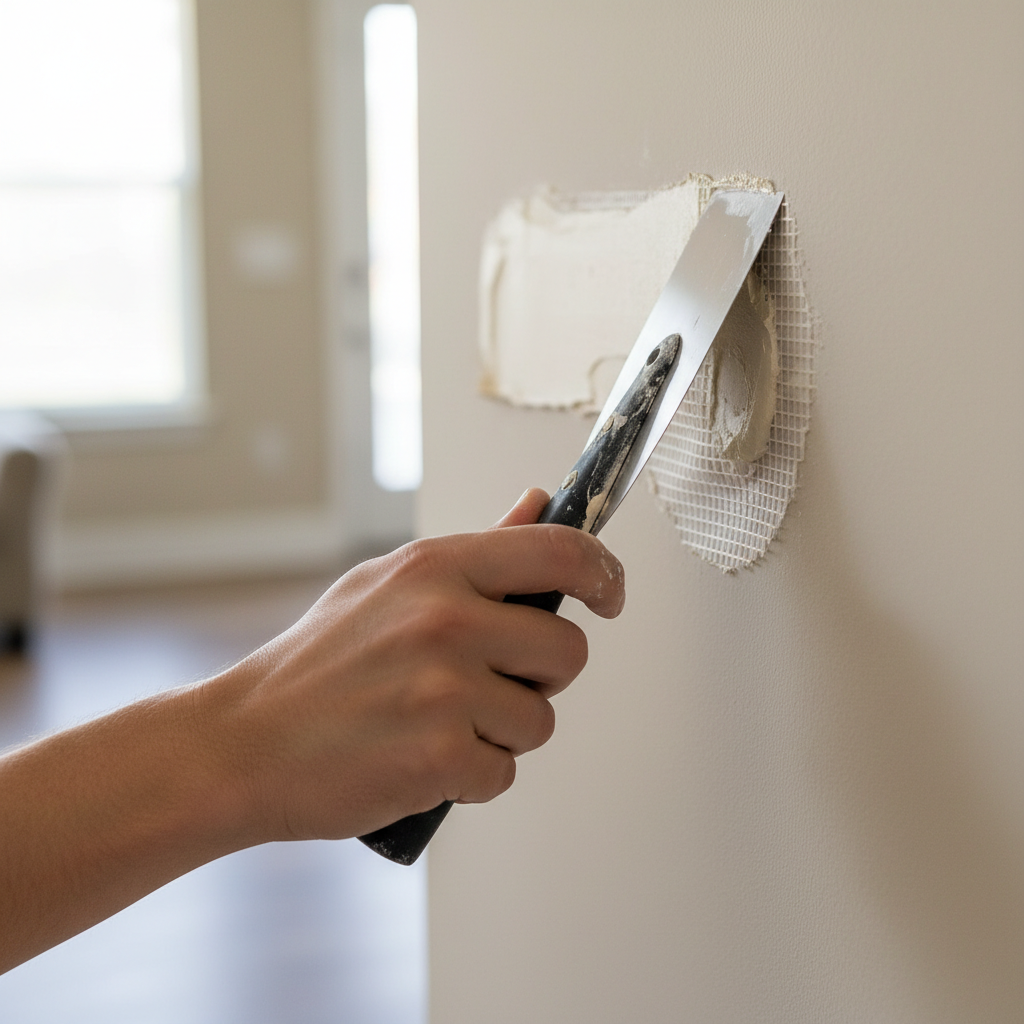 Hands smoothing joint compound over a drywall patch with a 10-inch knife.