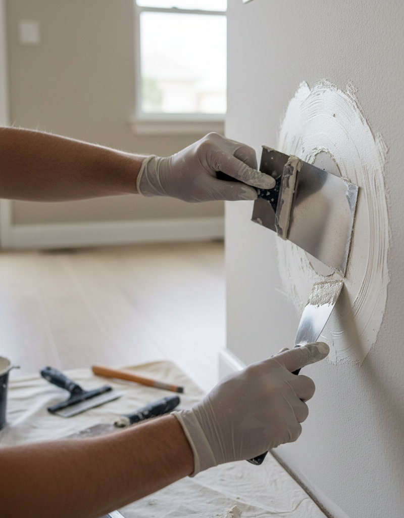 Homeowner applying joint compound over a newly installed California drywall patch for a large hole, creating a smooth finish.