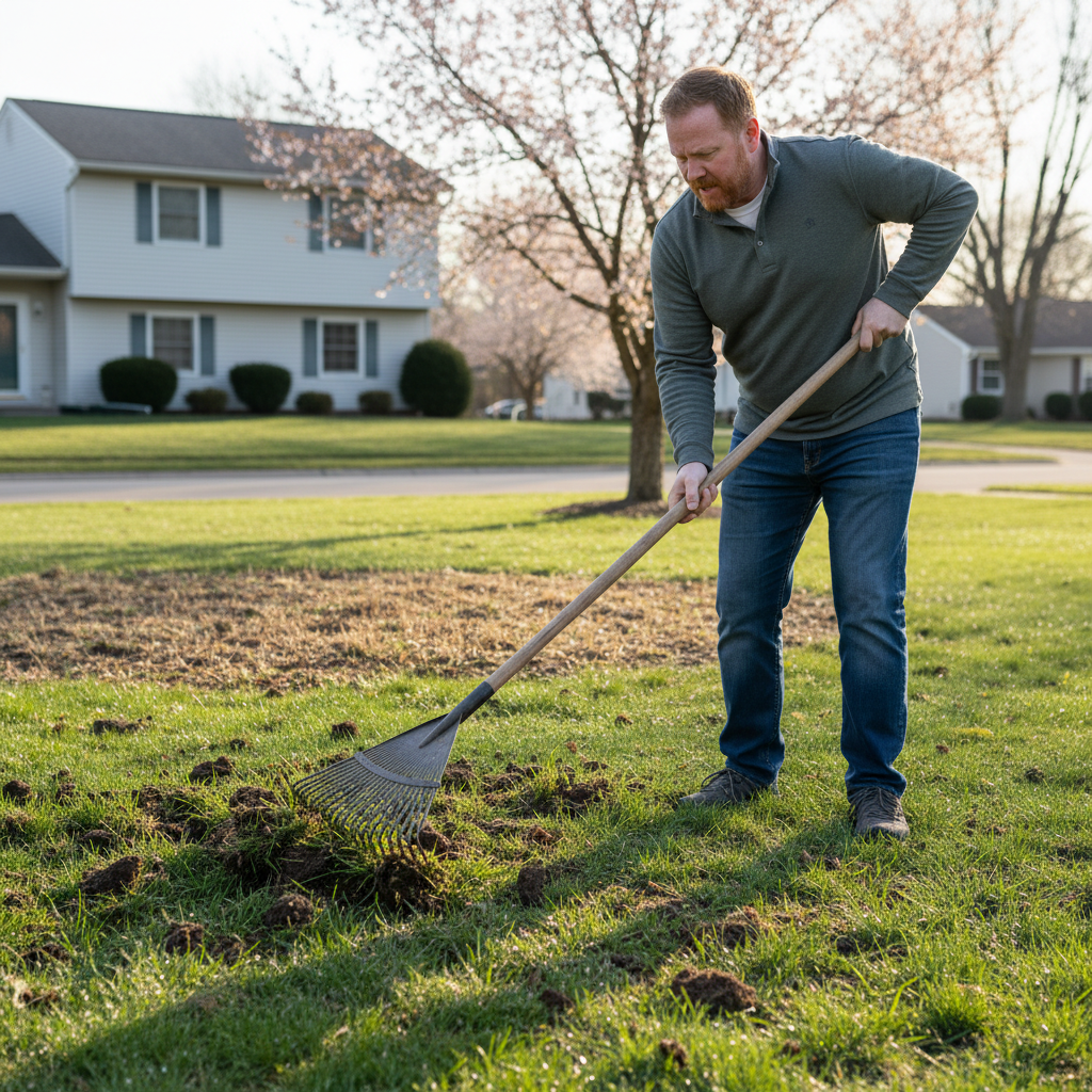 Homeowner aggressively dethatching a damp lawn in early spring, pulling up large clumps of grass, illustrating a common yard preparation mistake.