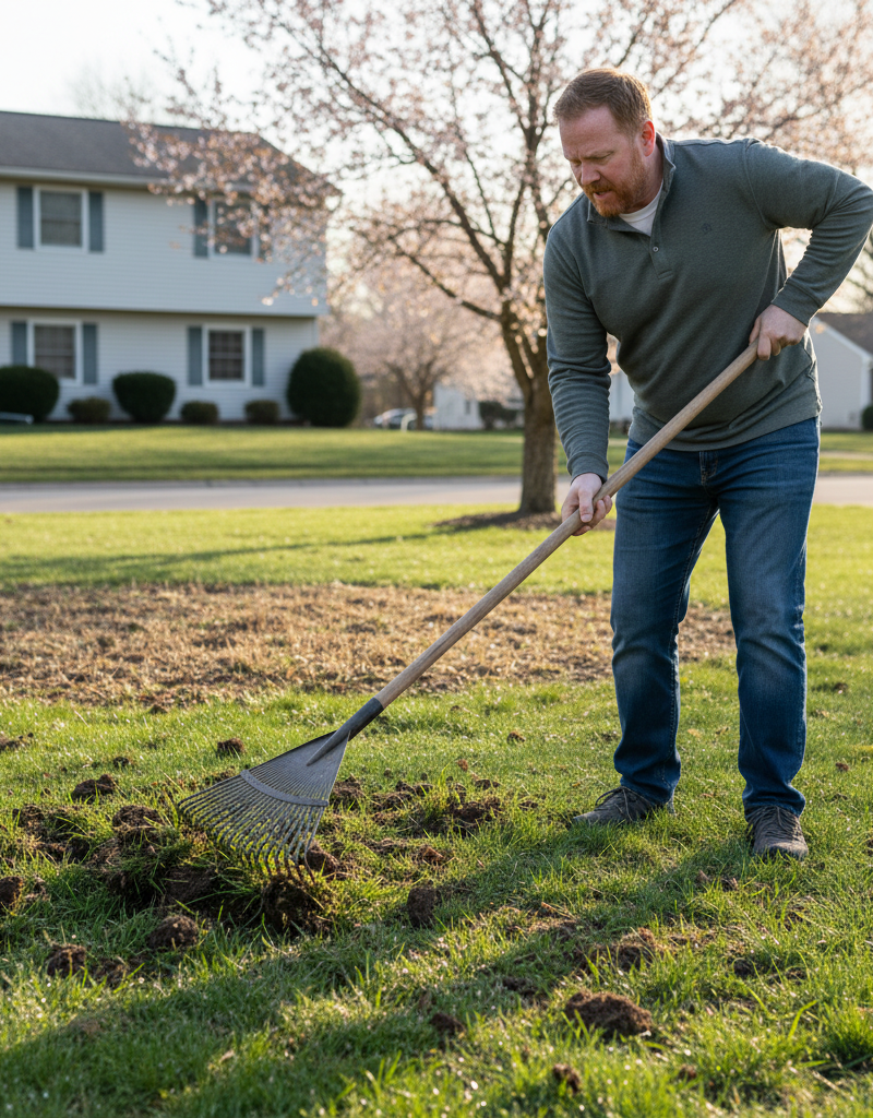 Homeowner aggressively dethatching a damp lawn in early spring, pulling up large clumps of grass, illustrating a common yard preparation mistake.