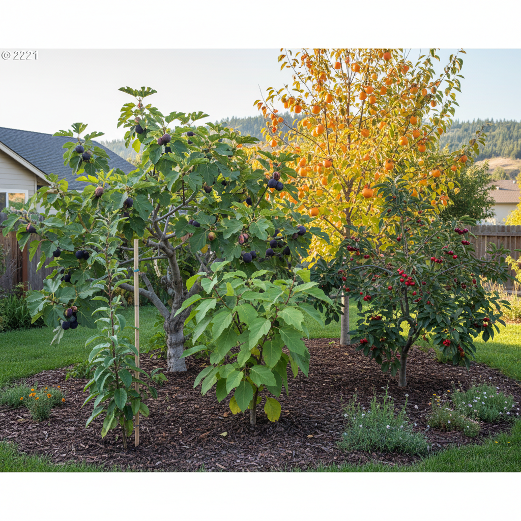 Five thriving, low-maintenance fruit trees: a fig tree with ripe figs, a persimmon tree, a sour cherry tree, a pawpaw tree, and an Asian pear tree, all in a sunny home garden.