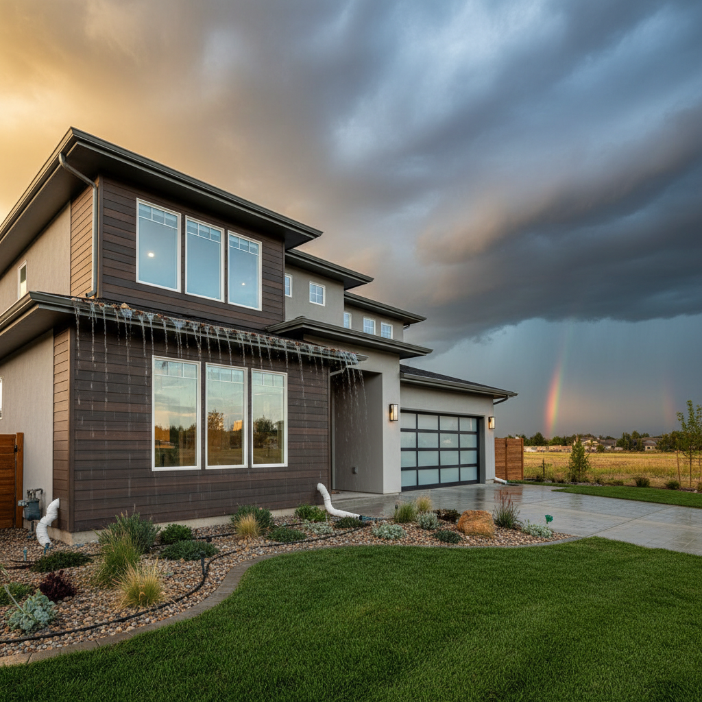 Suburban home prepared for El Niño with clean gutters, trimmed trees, and secure foundation.