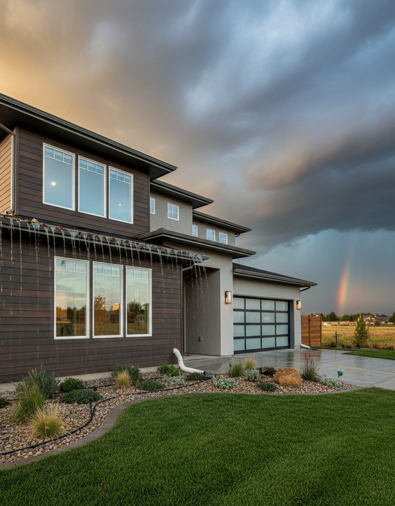 Suburban home prepared for El Niño with clean gutters, trimmed trees, and secure foundation.