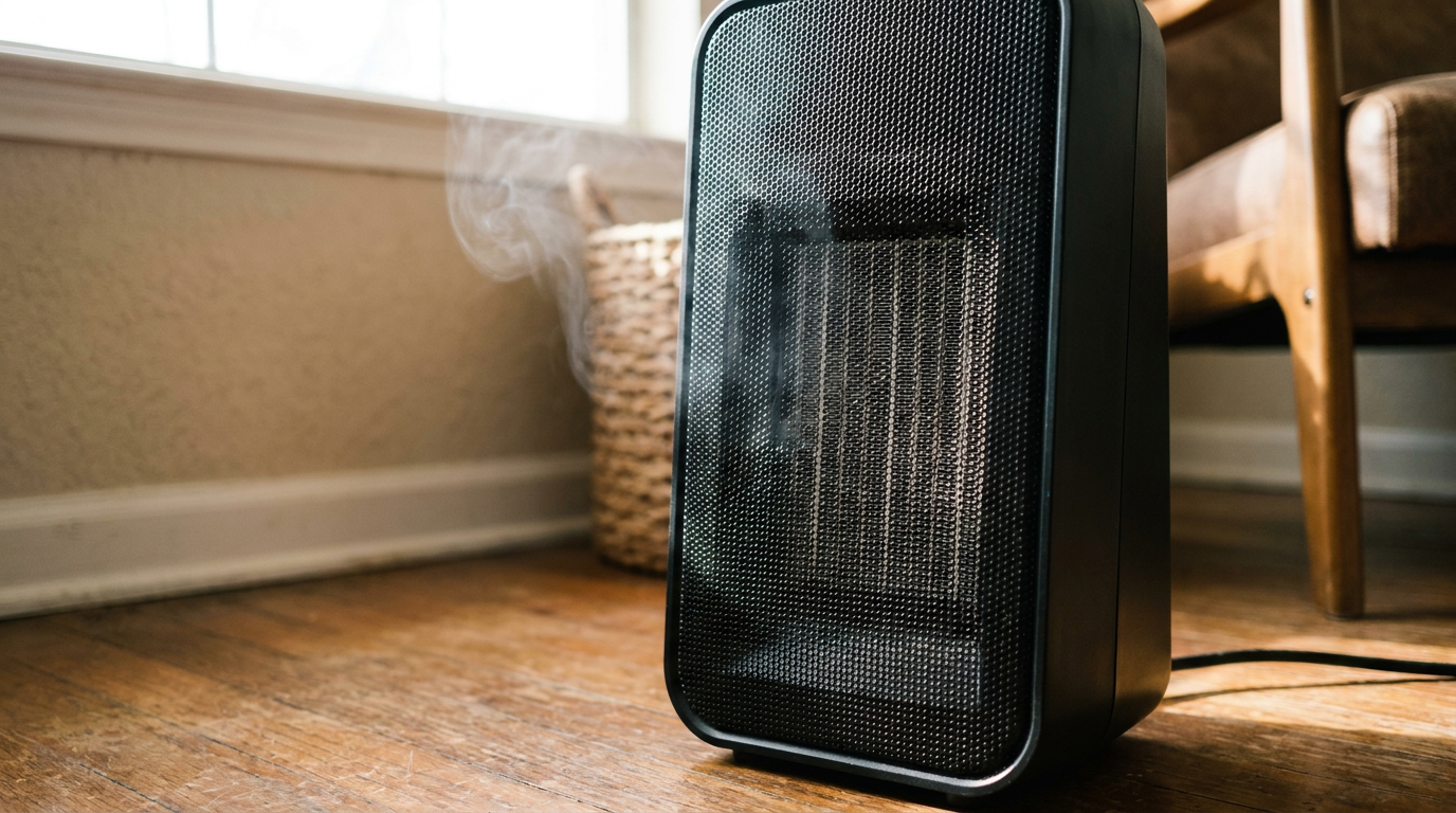 A modern electric space heater with a burning smell is shown up close, with a wisp of smoke coming from the grill.
