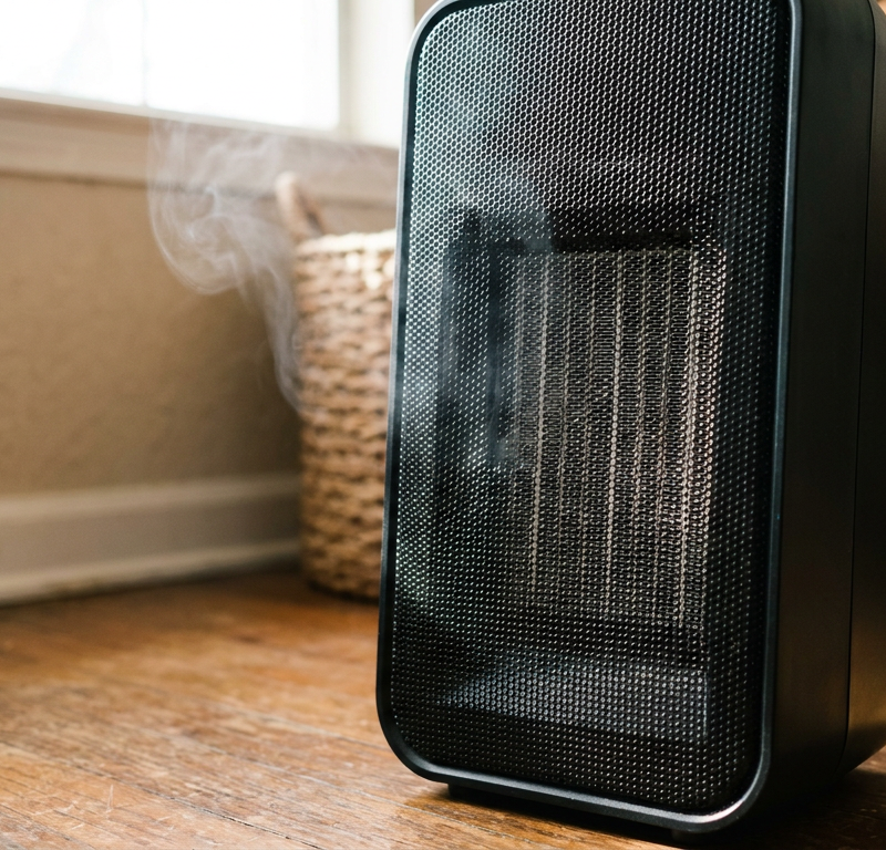 A modern electric space heater with a burning smell is shown up close, with a wisp of smoke coming from the grill.