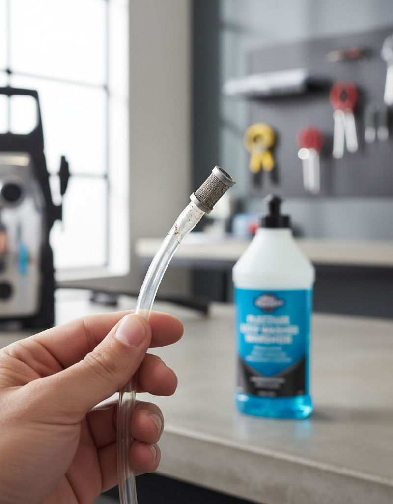 Contractor inspecting a clear siphon hose and filter on an electric pressure washer, checking for clogs near a detergent bottle.