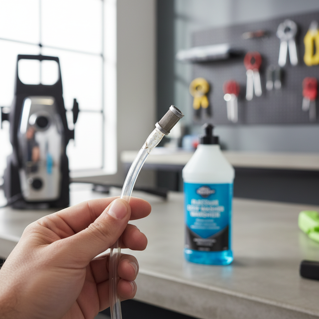 Contractor inspecting a clear siphon hose and filter on an electric pressure washer, checking for clogs near a detergent bottle.