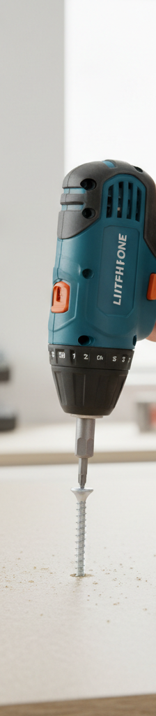 Compact electric screwdriver driving a screw into a piece of wooden furniture, homeowner hands blurred.