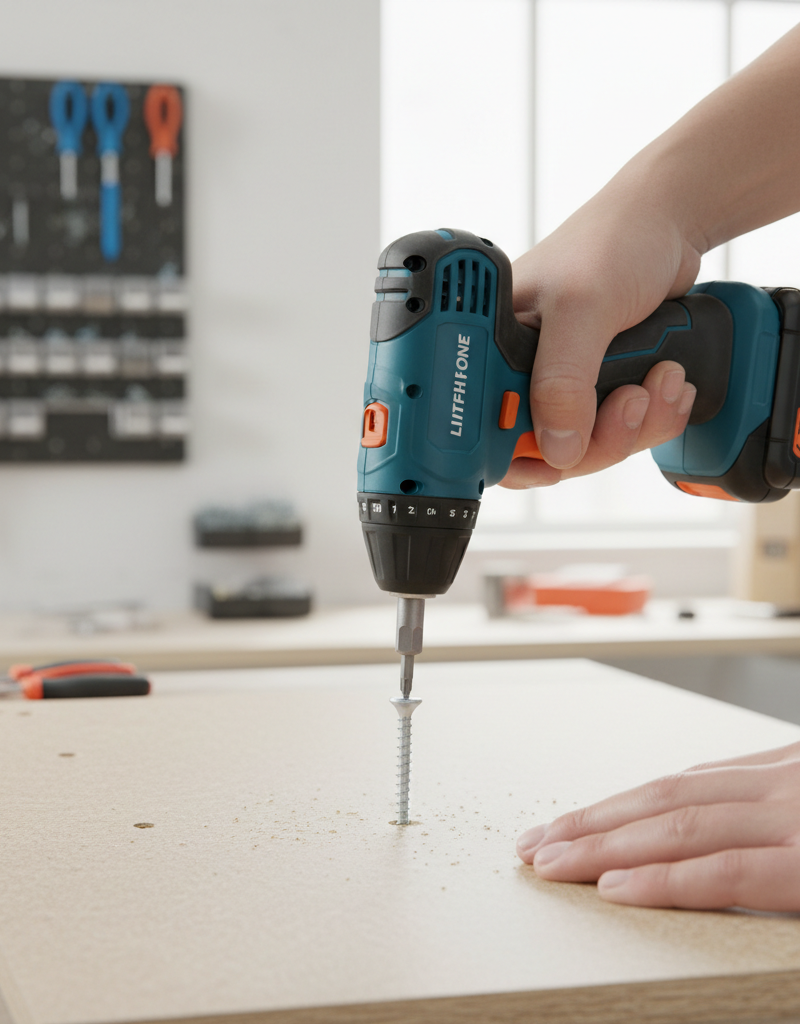 Compact electric screwdriver driving a screw into a piece of wooden furniture, homeowner hands blurred.