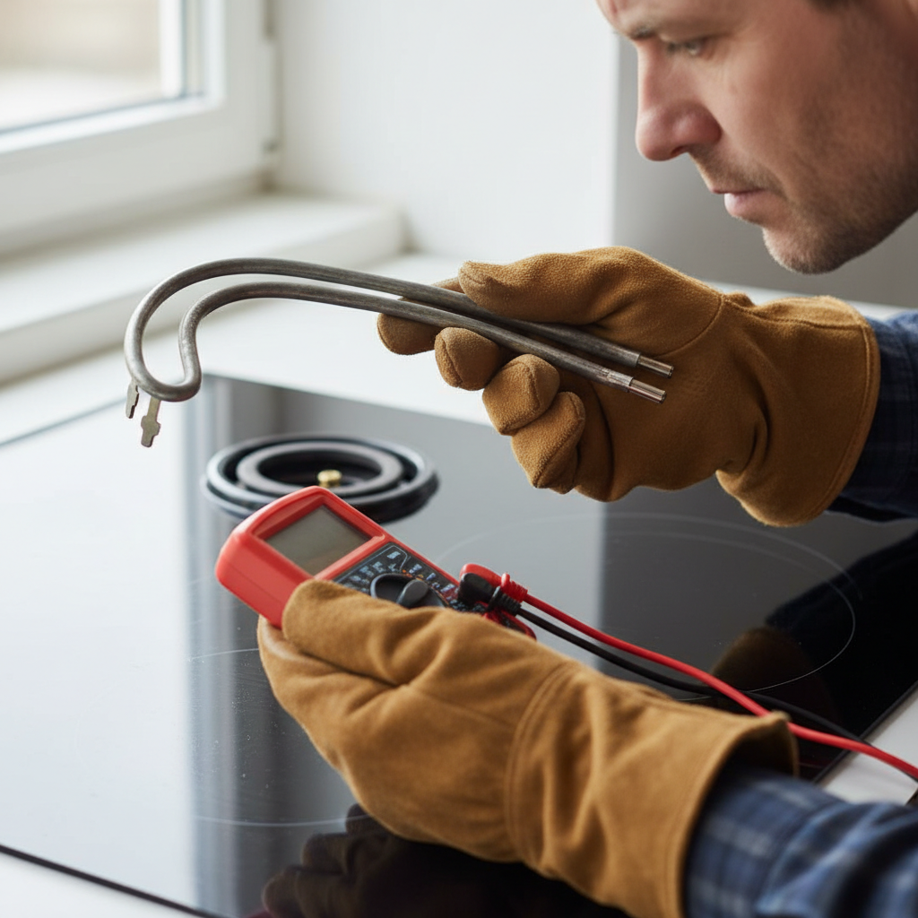 Homeowner inspecting electric stove burner element and prongs with a multimeter to diagnose why it's not getting hot enough.