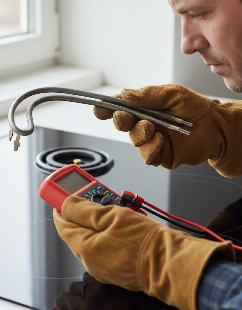 Homeowner inspecting electric stove burner element and prongs with a multimeter to diagnose why it's not getting hot enough.