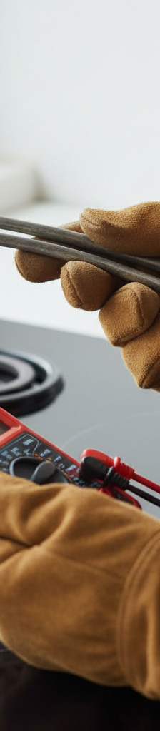 Homeowner inspecting electric stove burner element and prongs with a multimeter to diagnose why it's not getting hot enough.