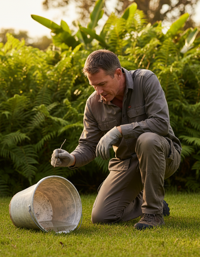 Homeowner inspecting a forgotten bucket for standing water to prevent mosquito breeding.