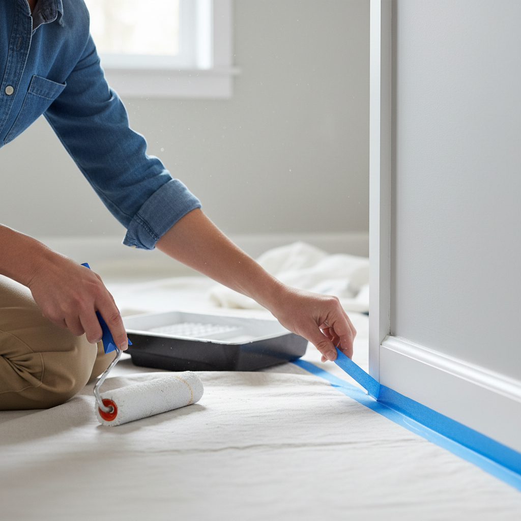Homeowner carefully applying blue painter's tape along a baseboard to prepare a room for professional-quality painting.