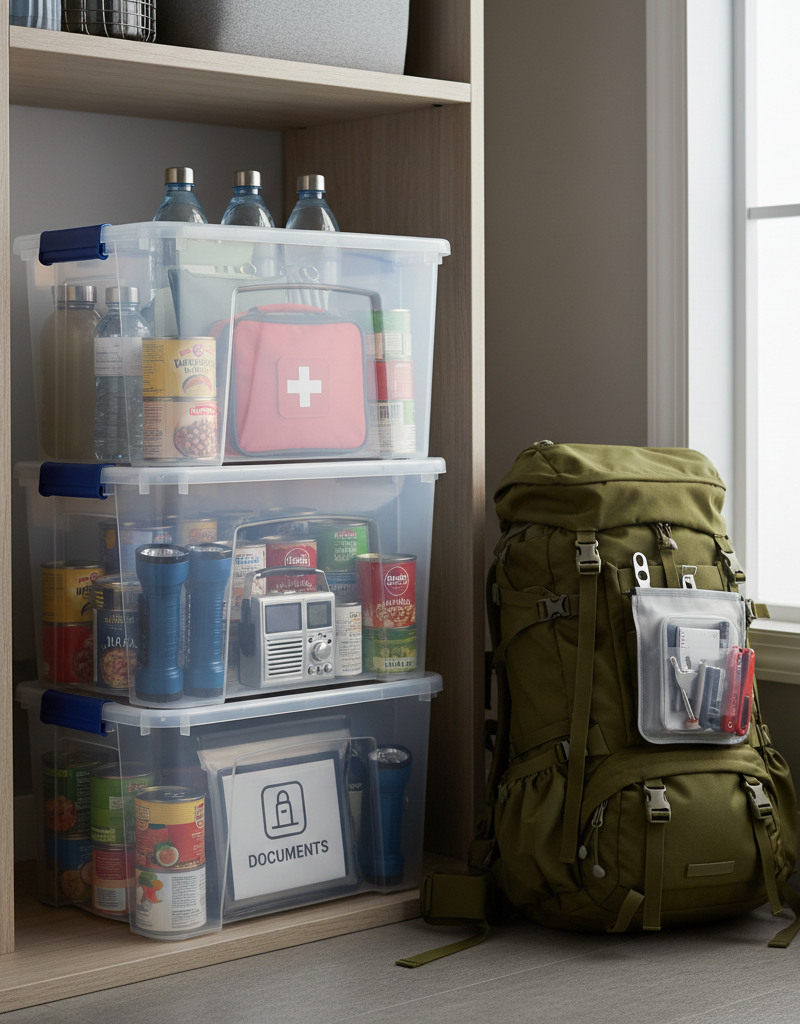 A clearly labeled emergency preparedness kit with essential supplies like water, food, first-aid, and flashlights.